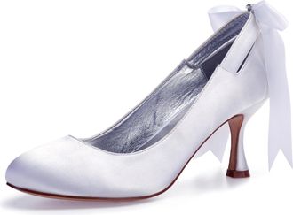 Generic Wedding Shoes Bridal Womens Low Closed Round Toe High Heels Classic Slip on Sexy Satin Stiletto Formal Dress Heel Shoes 7Cm,White,4 UK