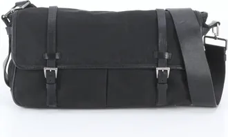 Prada Black Leather Nylon Messenger Bag Shoulder Bag (Pre-Owned)