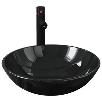 Berkfield Home Bathroom Sink with Tap & Push Drain Black Tempered Glass