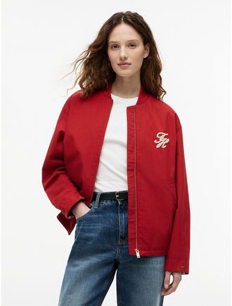 Tommy Hilfiger Womens Script Monogram Twill Bomber Jacket - Red - 2