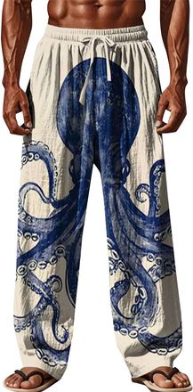 Generic Mens Linen Beach Trousers Baggy Yoga Pants Men Cthulhu Pattern Printed Trousers Wide Legs Summer Trousers Elasticated Waist Casual Trousers Adjustable