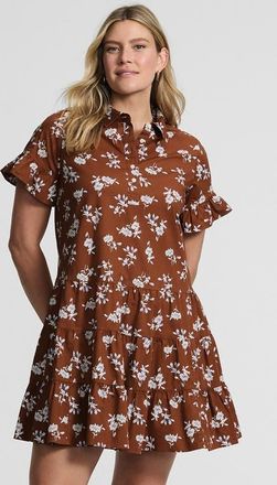 Lands End Poplin Flutter Sleeve Knee Length Popover Dress in Rich Ginger Brown Floral at Nordstrom, Size X-Large