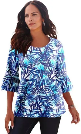 Roaman's Plus Size Cotton Ultimate Bell Sleeve Tee in Ocean Tropical Leaves at Nordstrom, Size 16