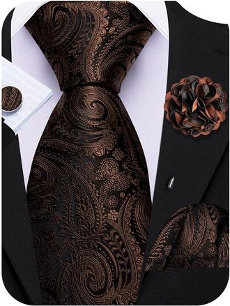 Barry.Wang Brown Tie 63 Paisley Silk Ties Set Pocket Square Cufflinks and Lapel Pin Extra Long Necktie Wedding Party