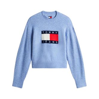 Tommy Jeans Round-neck Knitwear, female, Blue, Size: XS Flag Sweater with Relaxed Fit