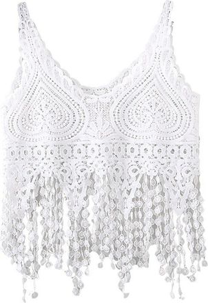 Generic Womens Summer V Neck Cami Hollow Out Crochet Crop Tank Tops Casual Blouse Shirts Heart Lace Long Tassels Camisole White, One Size