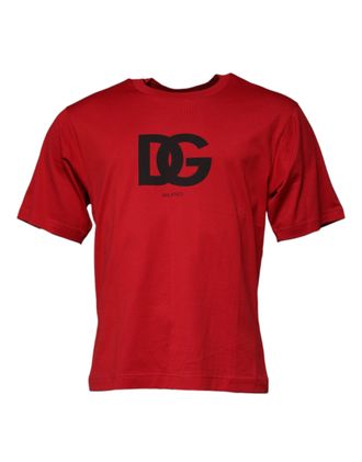 Dolce & Gabbana Red Logo Print Cotton Crew Neck Mens T-shirt