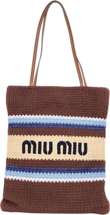 Miu Miu Beige Blue Brown Cocoa Cotton 59% Polyester 25% Rayon 16% Leather Tote Bag (Pre-Owned)