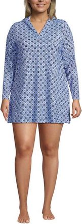 Lands End Plus Size SunShade UPF 50 Hooded Mini Swim Swim Cover-Up Dress in Lake Blue Geo Floral at Nordstrom, Size 2X