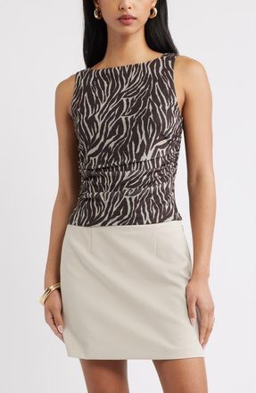 Open Edit Ruched Mesh Tank in Brown Animal Stripes at Nordstrom, Size X-Large