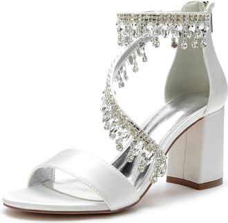 Generic Wedding Heel Sandals Womens Rhinestones Wedding Shoes Bride Chunky Heel Open Toe Bridal Shoes Party Dress High Sandals 8Cm,Ivory,10 UK