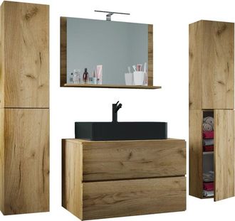 ebuy24 VCM 5pcs Lavabo Lavabo negro gabinete inferior ancho 60 cm Muebles de baño con cajones espejo de puertas giratorias Lendas S BL (roble de miel)