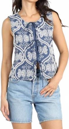 Greylin Romy Embroidered Tie Front Top In Blue