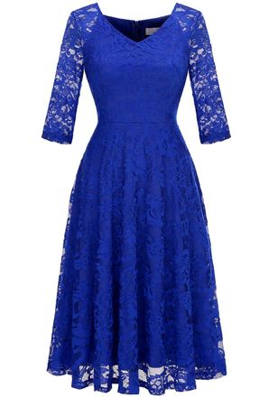 Dressystar Womens Elegant Lace Dress 3/4 Sleeve Wedding Party Midi Evening Dress Cocktail Dress Royal Blue 2XL