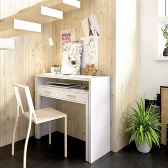 Dmora Escritorio Dghelle, Escritorio Multiposici&oacute;n Con Tapa Extra&iacute;ble, Consola De Estudio Lineal Con 2 Cajones, 99x70h88 Cm, Blanco - Dmora