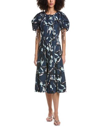 3.1 Phillip Lim Abstract Vines Shirred Sleeve Belted Midi Dress