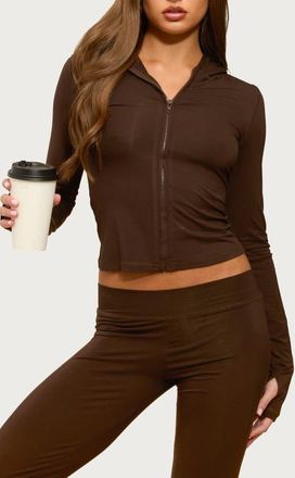Edikted Callan Crop Zip Hoodie in Brown at Nordstrom, Size X-Small