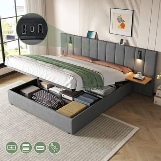 Matteo King Upholstered Bed with Charging, Velvet Hydraulic Storage in Grey