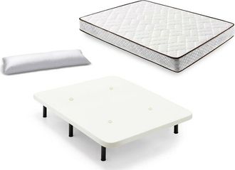 HOGAR 24 Cama Completa - Colchón Flexitex con Tejido 3D y Aloe Vera, Altura 18 cm + Base Tapizada Blanca con Patas de 32 cm + Almohada de Fibra, 135x190 cm