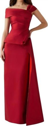 Teri Jon Stretch Gazar Ruched Peplum Gown In Red