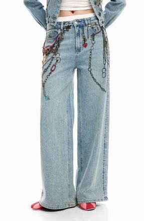 Desigual Chain Embellished Wide Leg Jeans in Medium Blue at Nordstrom, Size 36