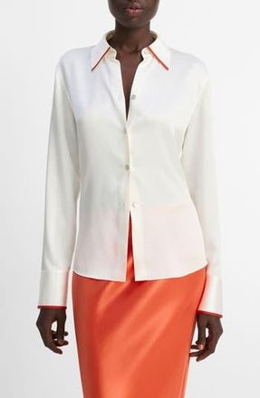Vince Tipped Silk Button-Up Shirt in Off White/Brick Rose at Nordstrom Rack, Size Small