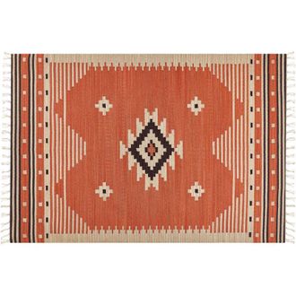 Beliani Alfombra Kilim De Algod&oacute;n Naranja Beige Marr&oacute;n 140 X 200 Cm Geom&eacute;trico Borlas Gavar