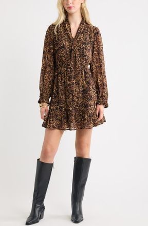 Treasure & Bond Tie Neck Long Sleeve Minidress in Tan- Black Leopard Abstract at Nordstrom, Size Xx-Small