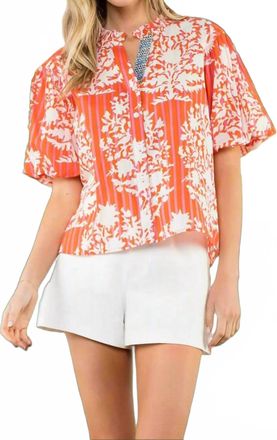 THML Clothing Botanical Stripe Puff Sleeve Blouse In Coral