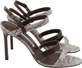 Manolo Blahnik Villano Strappy Sandal Heels in Brown Snakeskin Leather
