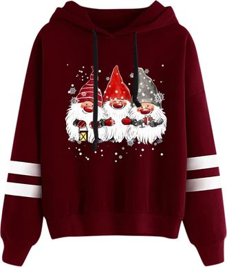 Generic Autumn Winter Christmas Hoodies for Women UK Casual Loose Dwarf Gonk Print Cropped Jumpers Sweatshirts Plus Size Lightweight Warm Hoodies Going Out To