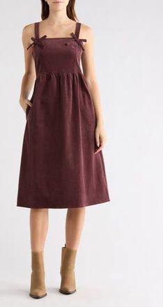 Wishlist Corduroy Bow Strap Overalls Midi Dress in Mulberry at Nordstrom Rack, Size Medium
