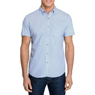 W.R.K Slim Fit Houndstooth Reworked Short Sleeve Button-Down Shirt in Blue at Nordstrom, Size Xx-Large