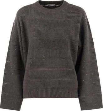Brunello Cucinelli Sparkling Stripes Sweater - Dames - Cashmere truien - Grijs - M - Wol - Truien & Vesten