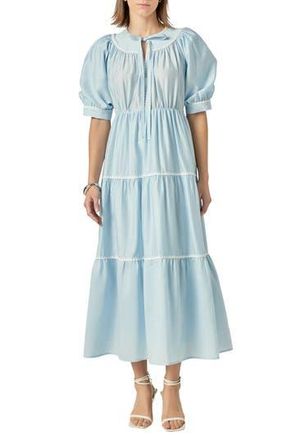 English Factory Embroidered Puff Sleeve Tiered Midi Dress in Powder Blue/white at Nordstrom Rack, Size Medium