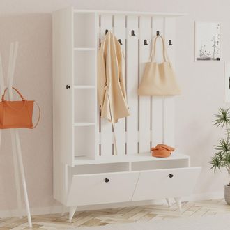 Dmora Mueble De Entrada Aiello, Perchero, 6 Estantes, Apertura Abatible, 112x35x170h Cm Blanco