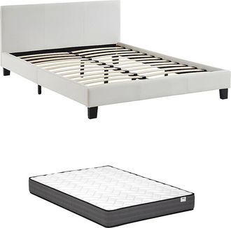 Vente-Unique Cama 140 x 190 cm - Piel sint&eacute;tica - Blanco + colch&oacute;n - CORNELIUS II