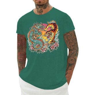 Generic Japanese T Shirts for Men,Short Sleeve Japanese Dragon Tiger Floral Print Crewneck Tee | Regular Fit Basic Tops Green L