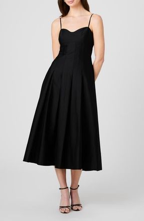 French Connection Pleated Stretch Cotton Sateen Midi Dress in Black at Nordstrom, Size 10