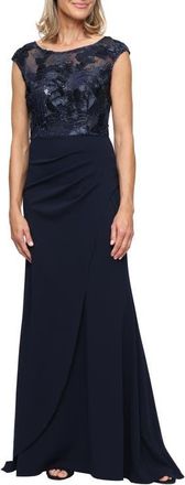 Alex Evenings Soutache Sequin Illusion Neck Gown in Navy at Nordstrom, Size 12P