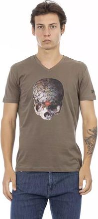 Trussardi Mens Skull Graphic Vneck Tee - Grey Cotton - Size X-Large