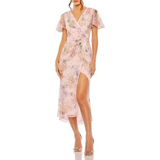Mac Duggal Womens Printed Mesh Flutter Sleeve Faux Wrap Midi Dress in Rose at Nordstrom, Size 12