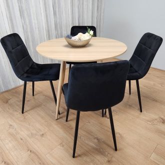 Kosy Koala Round Oak Effect Kitchen Dining Table With 4 Black Velvet Tufted Chairs Dining Set