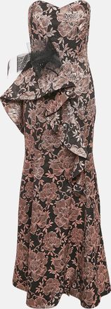 Badgley Mischka Black/metallic Floral Jacquard Ruffled Strapless Gown