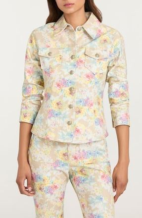Cinq &agrave; Sept Ikat Bouquet Scrunchie Sleeve Denim Jacket in Khaki Multi at Nordstrom, Size 00