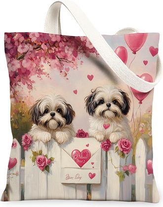 Generic Valentines Day Yorkie Dog Canvas Tote Bag for Shopping 13x15, Farm Couple Puppy Reusable Grocery Print Bag for Women, Pet Beach Aesthetic Painting Gif