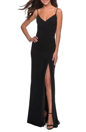 La Femme Long Jersey Dress with V-neck and Open Back in Black at Nordstrom, Size 10