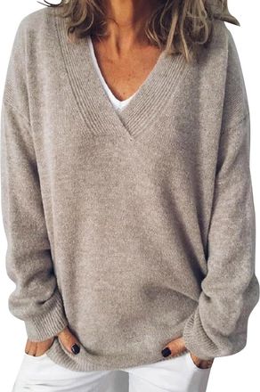 Generic Womens Jumpers Casual Sexy Long Sleeve Pullover V Neck Warm Chunky Comfy Jumpers Fashion Chic Sweater Winter Walks & Outdoor Errands (Khaki, XXL)
