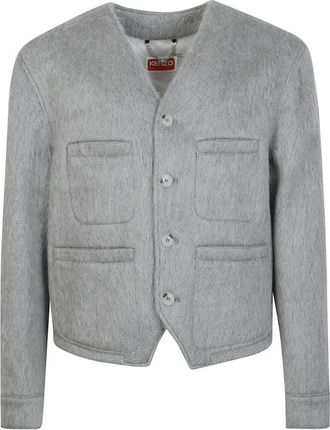 Kenzo Hairy Collarless Jacket - Heren - Zomerjassen - Grijs - S - Wol - Jassen