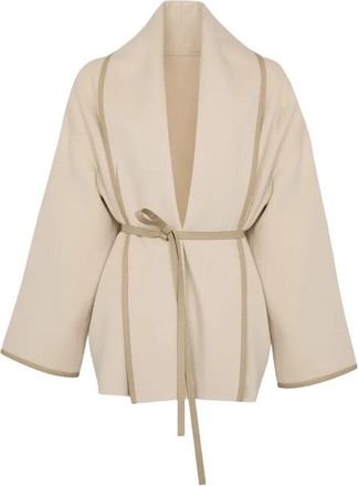 Yves Salomon Dubbelzijdige Jas van Wolmix met Gedrapeerd Effect - Dames - Kimonos - Beige - 3XL - Wol - Overhemden